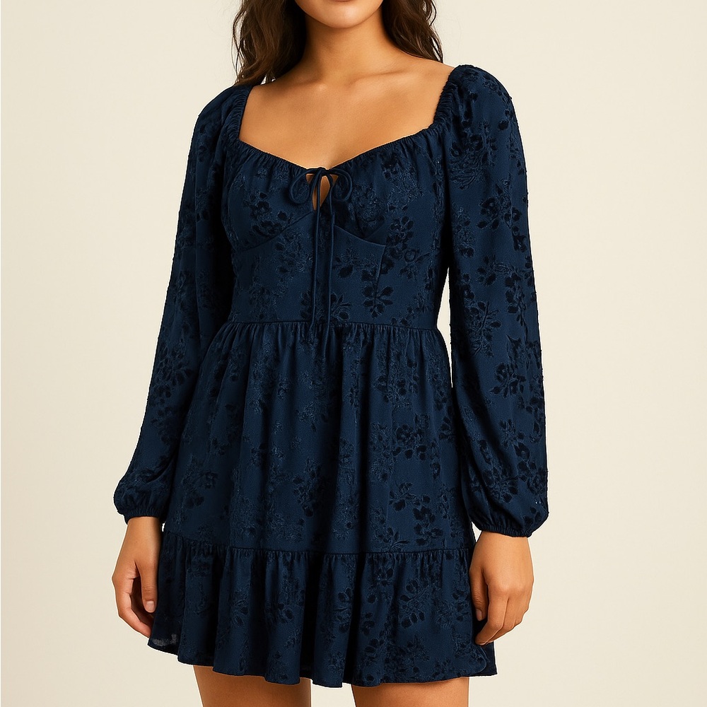 City Vibe Navy Flocked Velvet Mini Dress – Size 5 (Small)